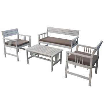 Lounge Set für Garten aus weißem Akazienholz: Tisch, Sofa und Sessel mit grauen Kissen Mod. Bali